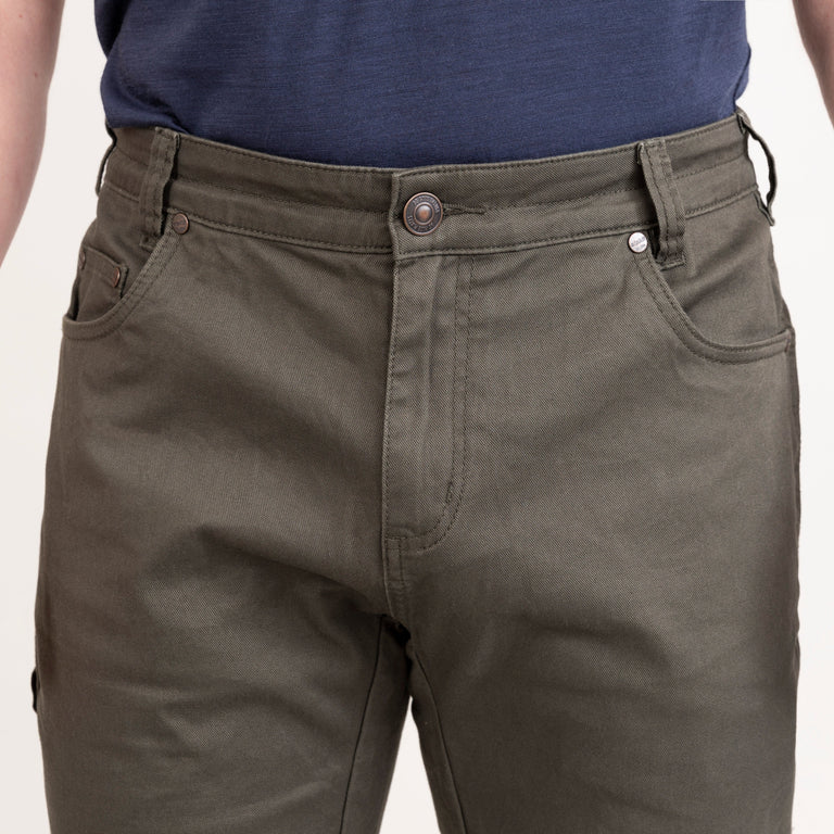 alpkit mens Kraft trousers in kelp green front waistband