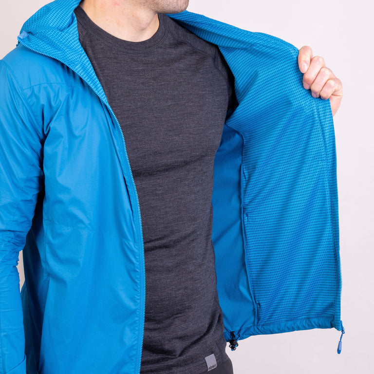 mens alpkit morphosis jacket in reef blue fleece lining