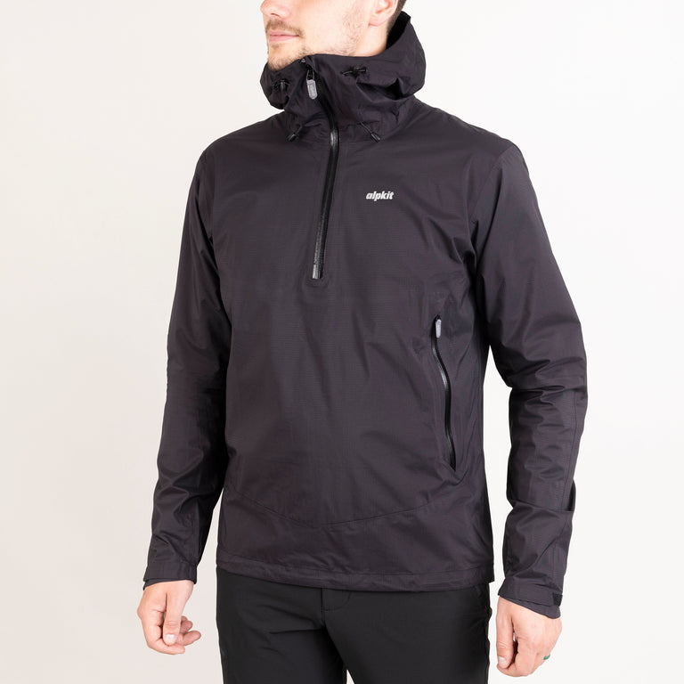 Alpkit men's Pulsar smock waterproof pullover jacket in Black front