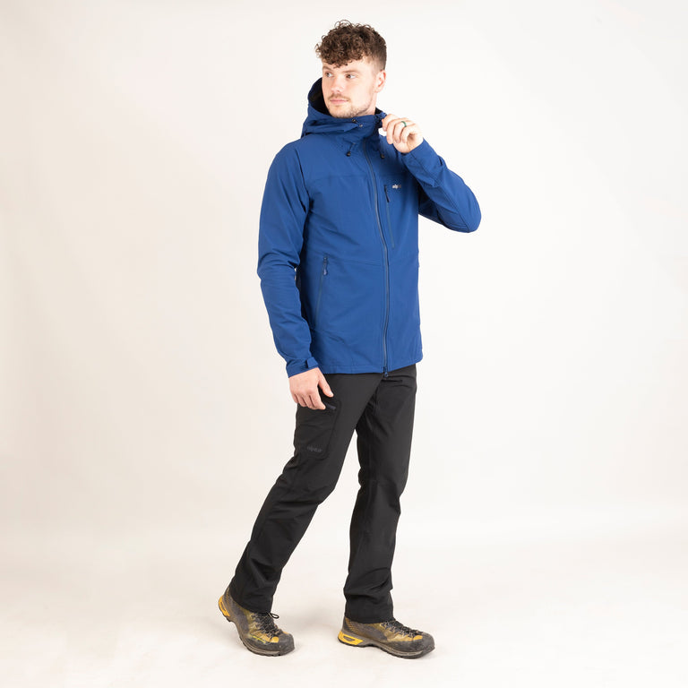 alpkit mens resolute softshell jacket in nemo blue outift|bf