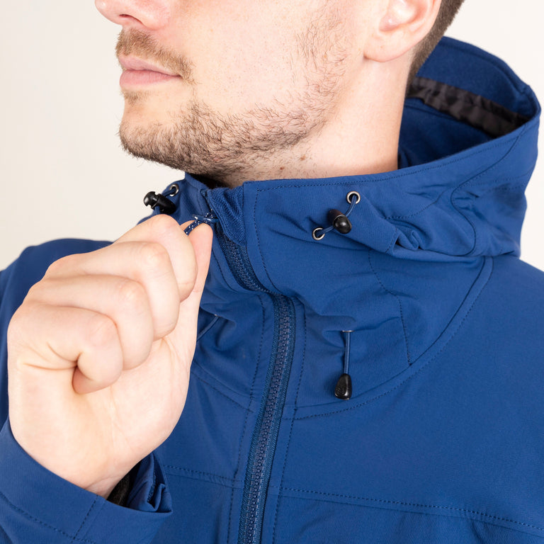 alpkit mens resolute softshell jacket in nemo blue zip - closed