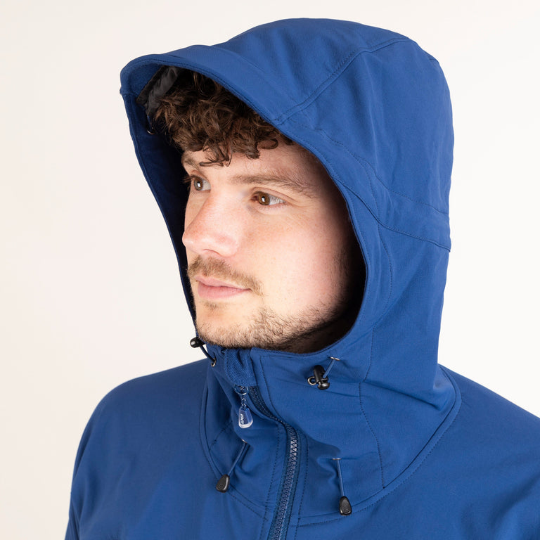 alpkit mens resolute softshell jacket in nemo blue hood|bf