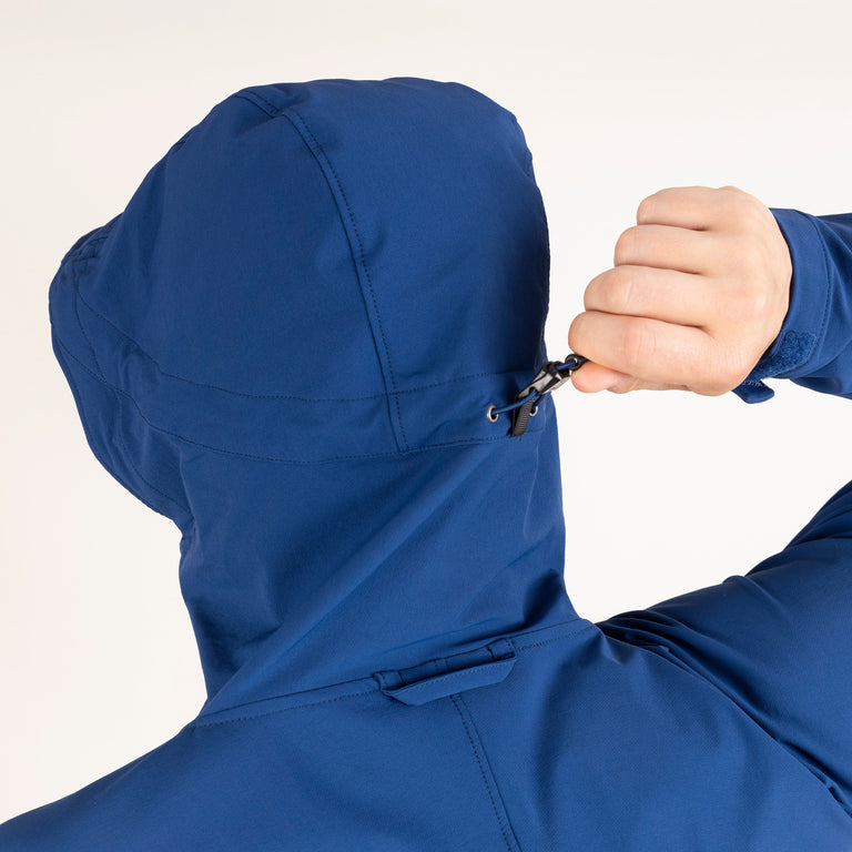 alpkit mens resolute softshell jacket in nemo blue hood drawcord - closed