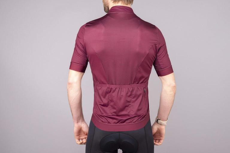 mens Alpkit rhythm elite cycling jersey in burgundy rear