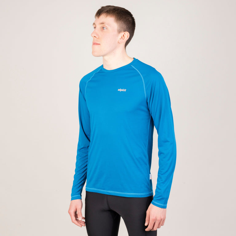 alpkit mens vayper long sleeve baselayer for trail running and fell running in reef blue front