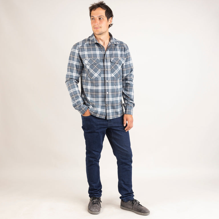 alpkit mens woodsmoke shirt in slate grey check outfit |sl