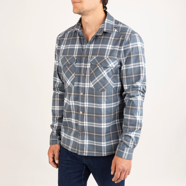 alpkit mens woodsmoke shirt in slate grey check front|sl