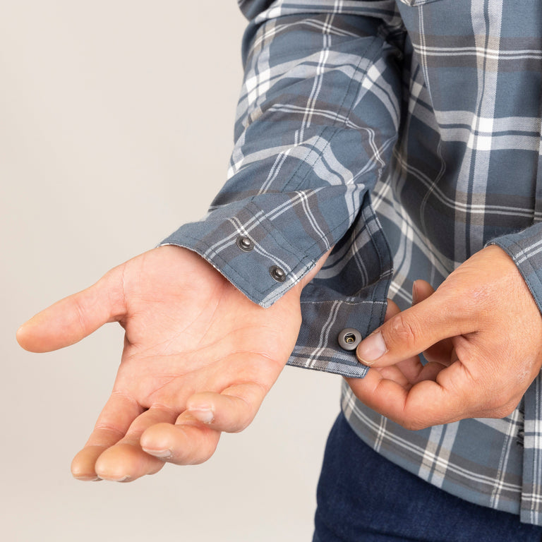 alpkit mens woodsmoke shirt in slate grey check cuff|sl