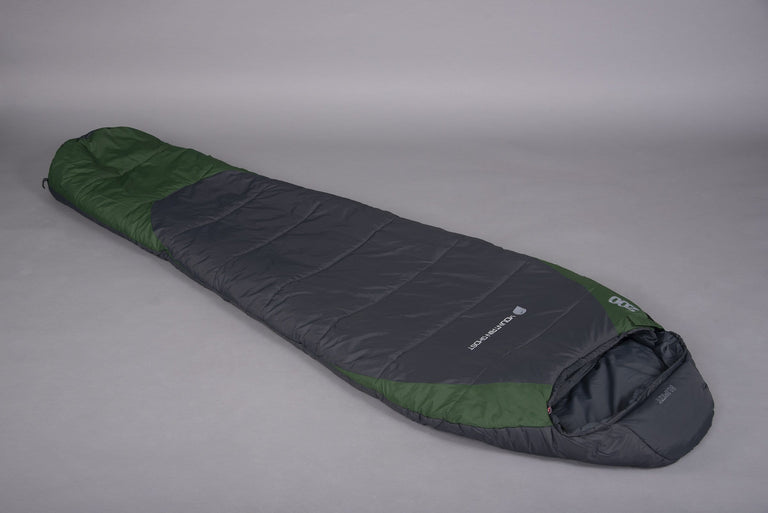 Mountain Ghost 200 synthetic 2 season sleeping bag in green and grey laid on the floor with a grey background