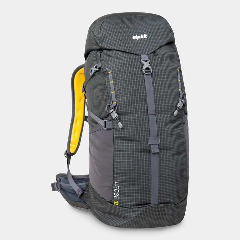 alpkit ledge 35L back pack in dark grey - closed