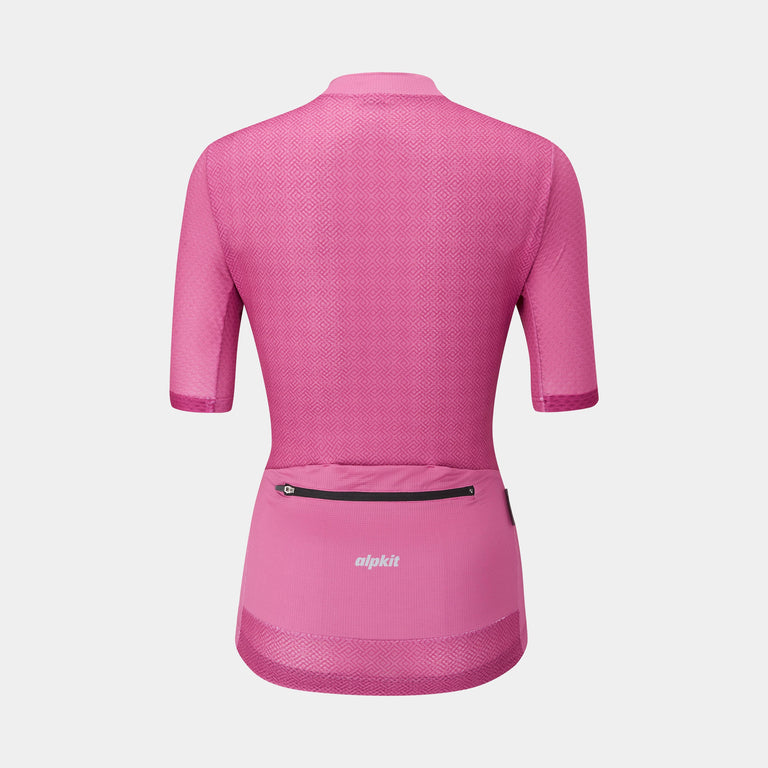 alpkit Paradiso womens short sleeve cycling jersey in blush rear - closed