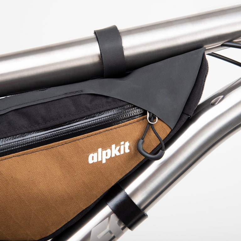 alpkit possum frame bag for bikepacking in mountain brown zip - closed