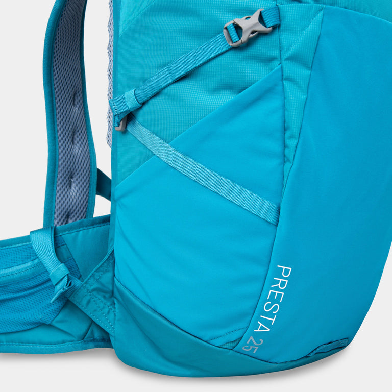 Alpkit presta 25l pack in teal blue side pockets - closed