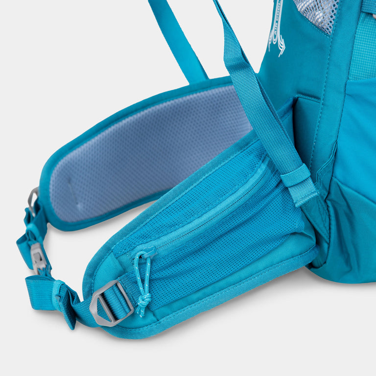 Alpkit presta 25l pack in teal blue hip belt pockets - closed