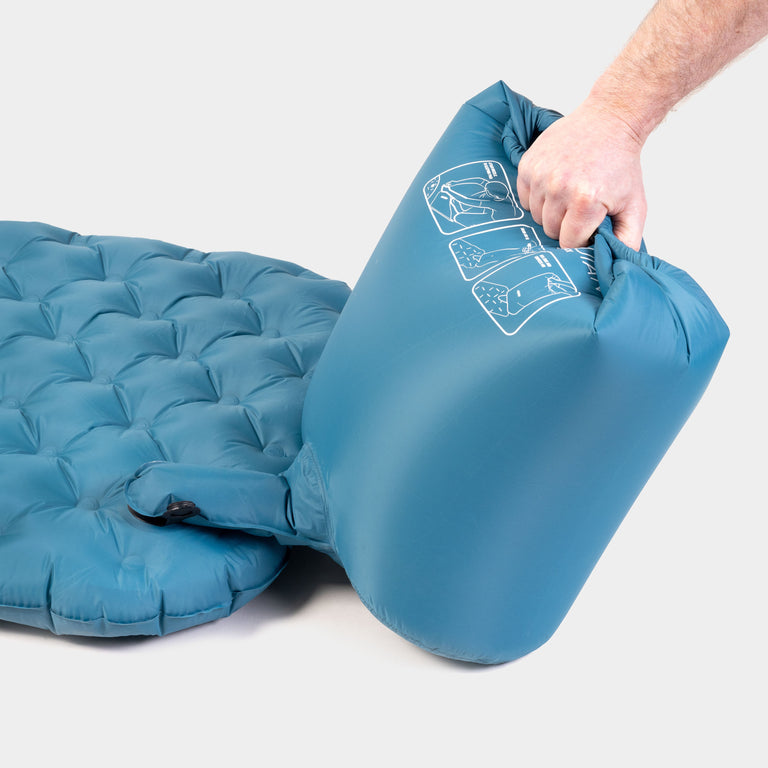 Radiant insulated inflatable camping mat pump sack in Nemo blue