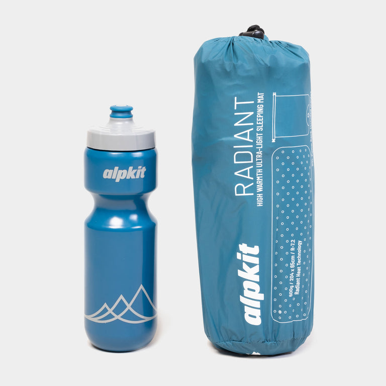 Radiant insulated inflatable camping mat in Nemo blue size comparison with bottle 