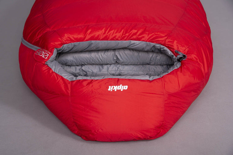 A red Skyehigh 900 4 season down sleeping bag laid on the floor with a grey background