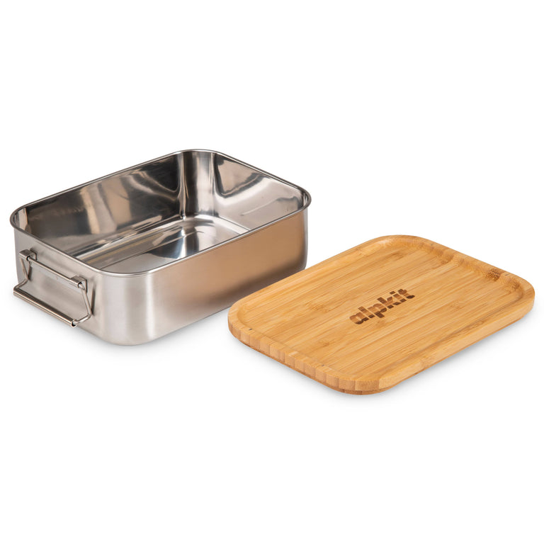 alpkit snap 1200 bamboo lid mes tin chopping board open