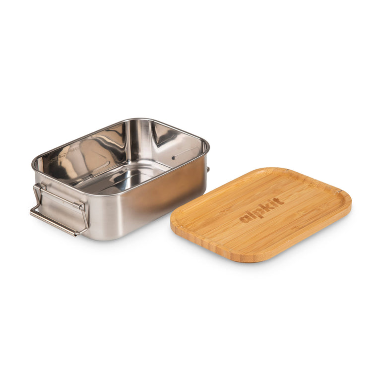 alpkit snap 800 bamboo lid mes tin chopping board open