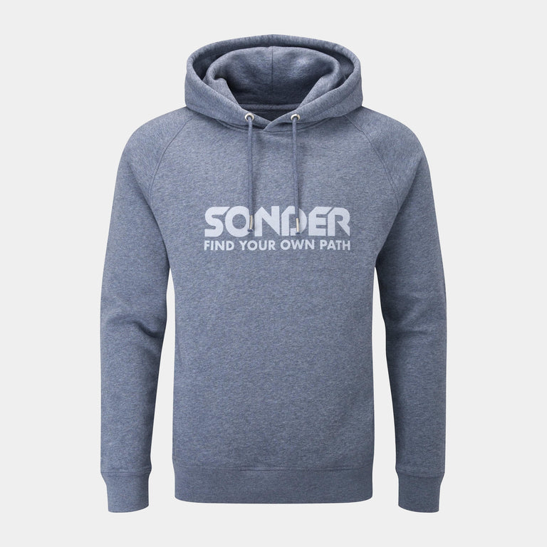 sondermens cotton hoody in dark heather blue front - closed