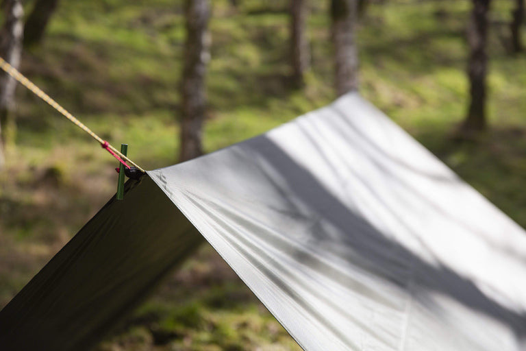 Alpkit 3 square tarp pitched - action