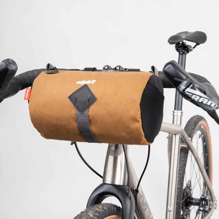 alpkit toploader zipped handlebar bag in mountain brown front - closed