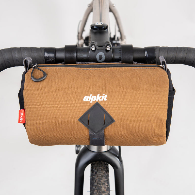 alpkit toploader zipped handlebar bag in mountain brown top - closed