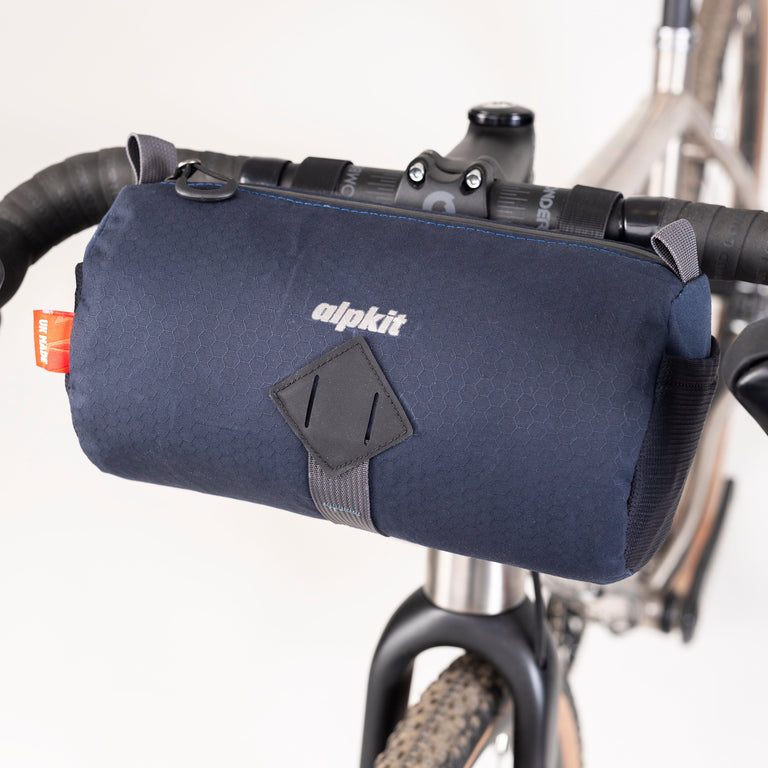 alpkit toploader bar bag in navy logo