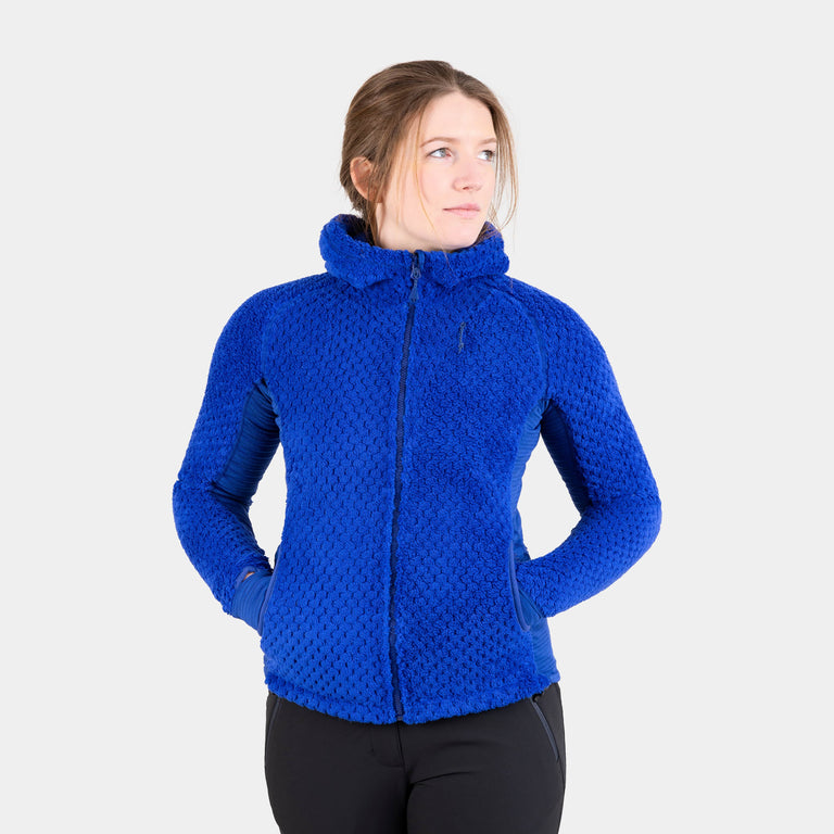 alpkit womens keeshond hooded fleece in fonteinbleau blue - closed