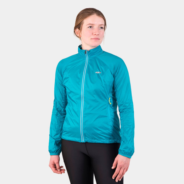 Alpkit women's Arro windproof cycling and running jacket in surf blue - closed