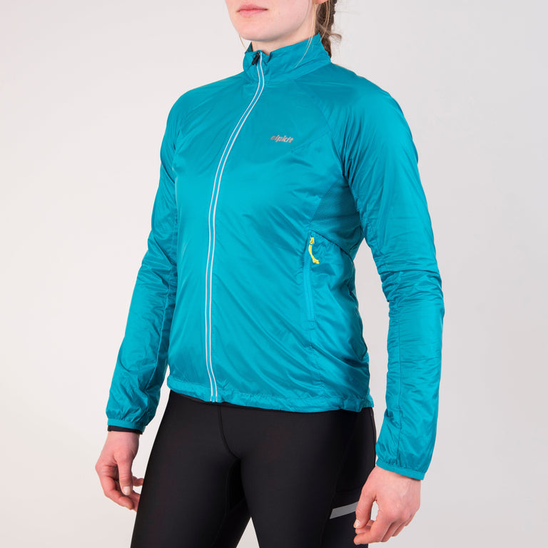 Alpkit women's Arro windproof cycling and running jacket in surf blue front - closed