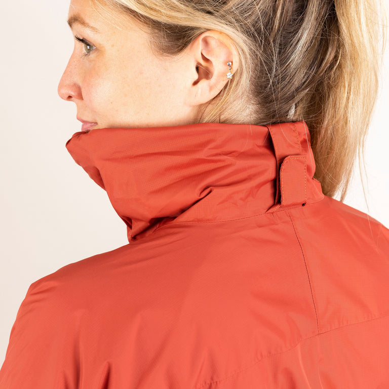 Alpkit women's Atalanta waterproof jacket in Brick red foldaway hood|kt