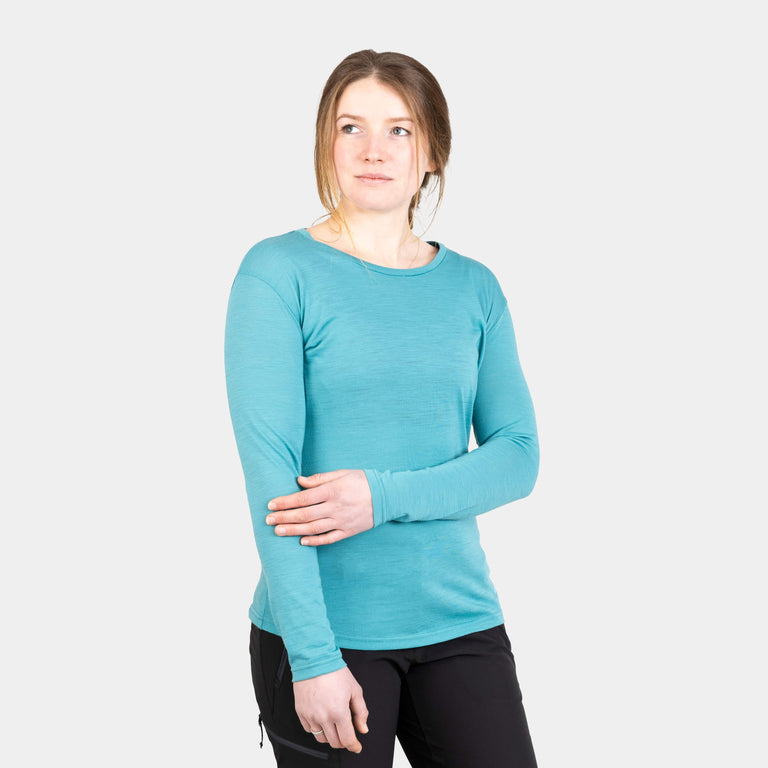 alpkit womens aztec long sleeve merino blend baselayer in halcyon blue