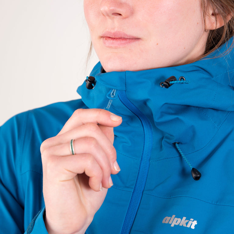 alpkit womens balance waterproof jacket in reef blue zip