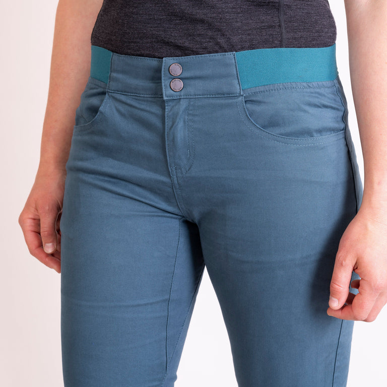 alpkit womens bloc pants in spruce blue front waistband |rg