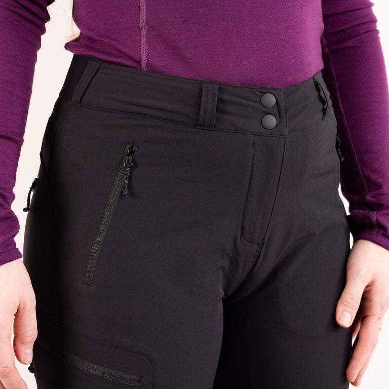 Alpkit womens chilkoot softshell trousers in black waistband front|nk