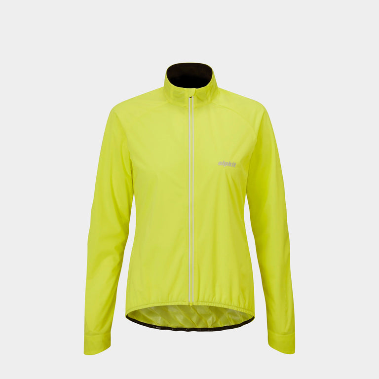 Alpkit women's Cirrus weatherproof cycling jacket in Flo Yellow - closed