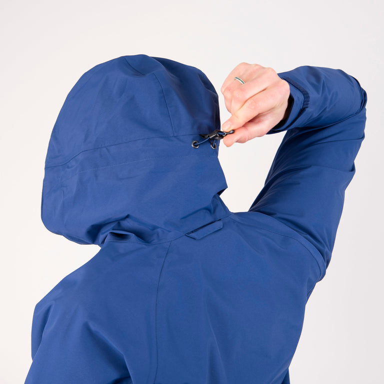 womens alpkit definition waterproof jacket in demo blue front hood drawcord