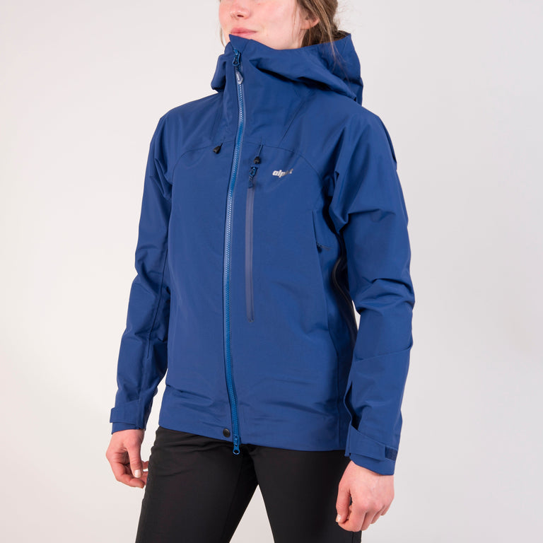 womens alpkit definition waterproof jacket in demo blue front - closed