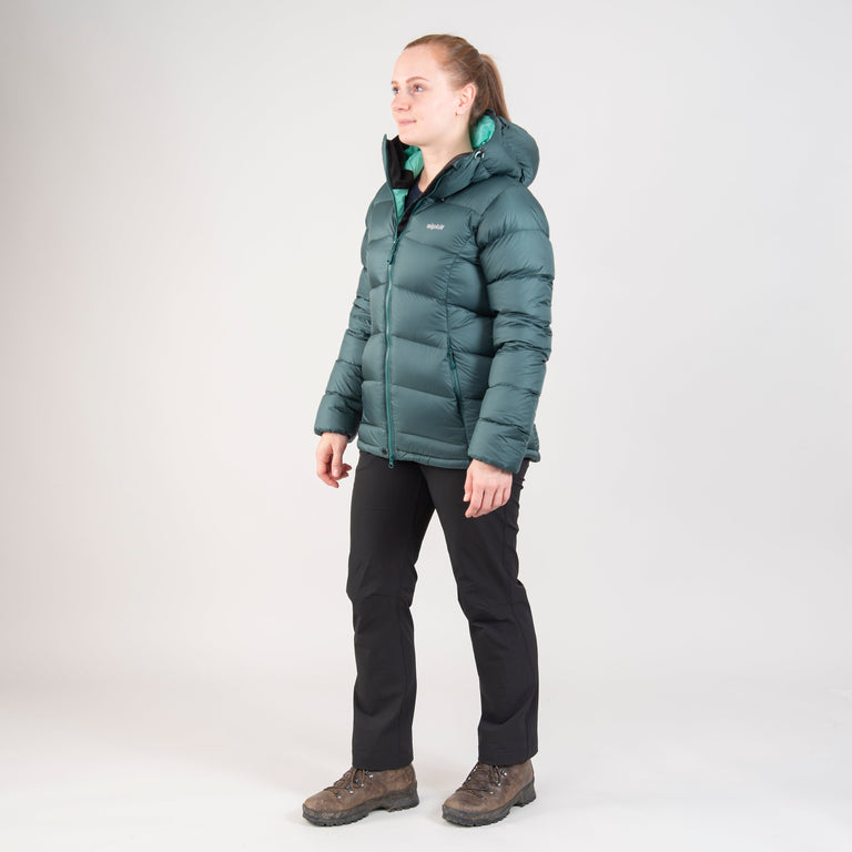 alpkit womens fantom down jacket in forest green outfit