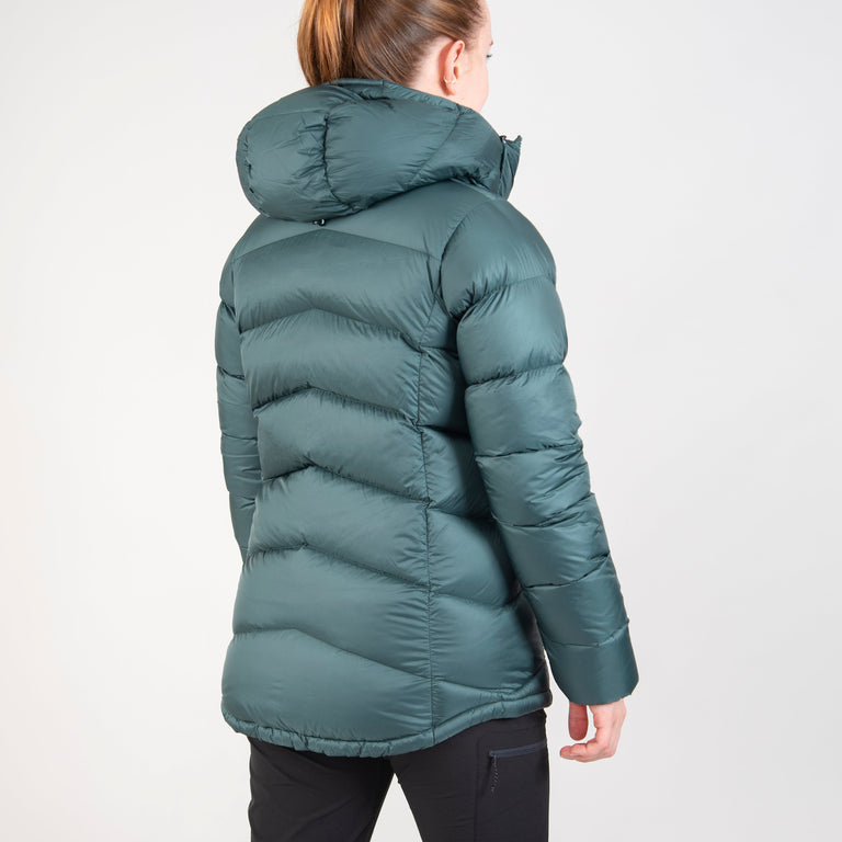 alpkit womens fantom down jacket in forest green back - closed