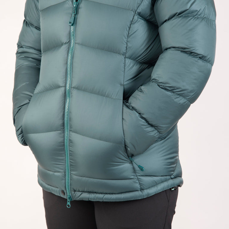 alpkit womens fantom down jacket in forest green pockets