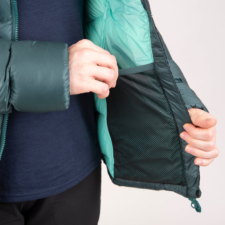 alpkit womens fantom down jacket in forest green dump pocket