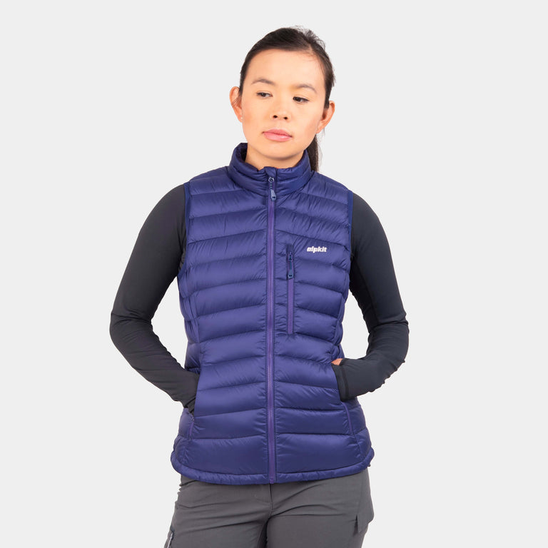 alpkit womens filoment vest down gilet in nightshade blue - closed