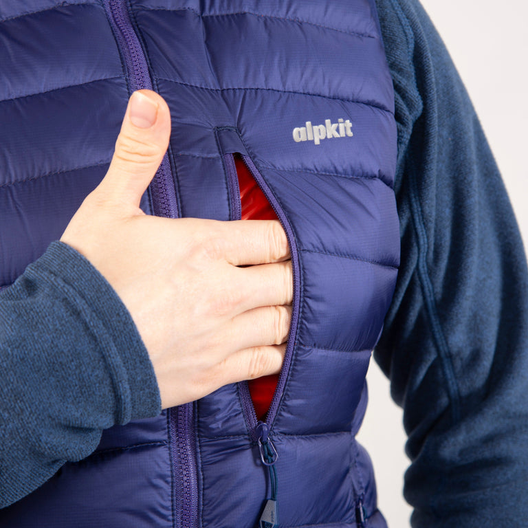 alpkit womens filoment vest down gilet in nightshade blue chest pocket