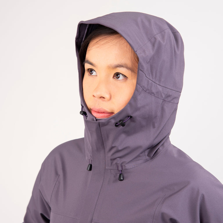 alpkit womens fortitude waterproof jacket in damson purple hood