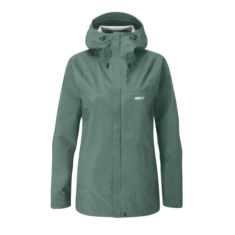 womens Alpkit fortitude waterproof jacket in forest - closed