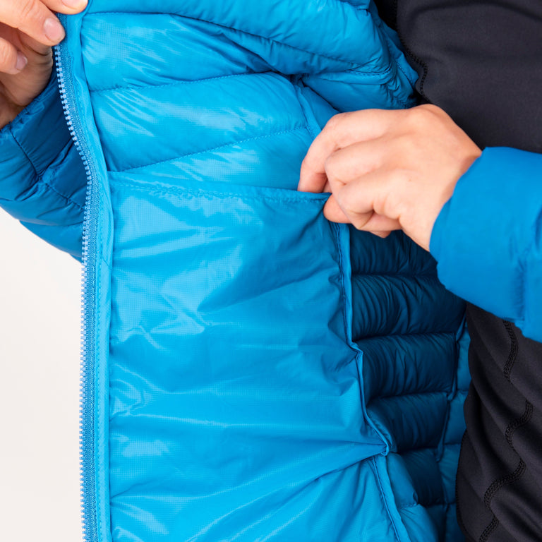 alpkit womens halogen ultralight down jacket in reef blue dump pockets |jl