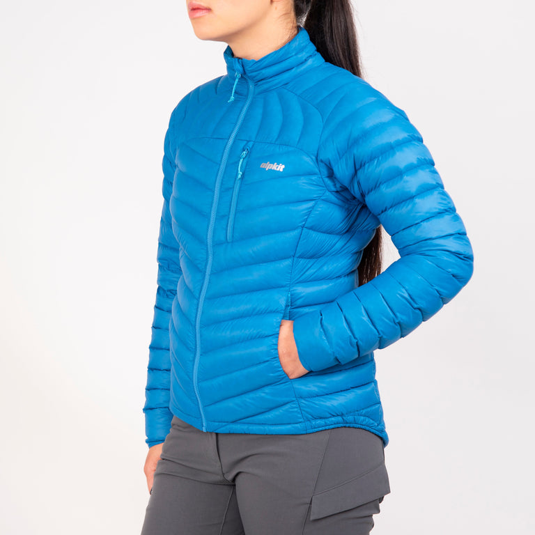 alpkit womens halogen ultralight down jacket in reef blue front |jl