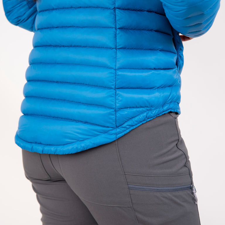 alpkit womens halogen ultralight down jacket in reef blue hem rear |jl